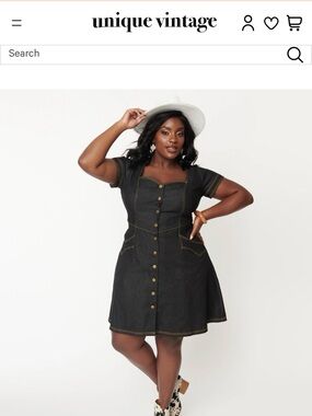Unique Vintage Black Denim Button-Front Mini Dress with Contrast Stitching